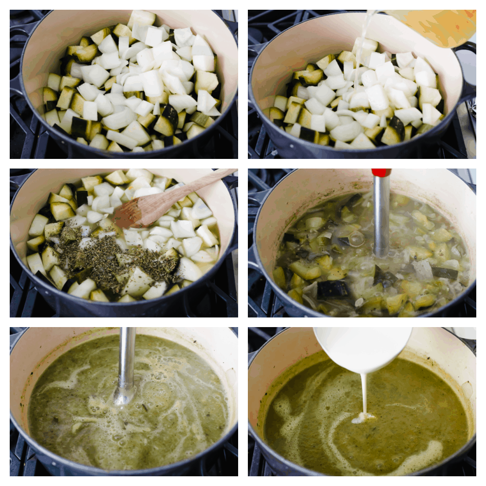 This zucchini soup has an amazing savory flavor, fresh vegetables, and is topped with the perfect drizzle of cream. Healthy and hearty, each spoonful will have you hooked with its silky-smooth goodness! Process shots of adding vegetables, broth, and spices to a large pot and blending.