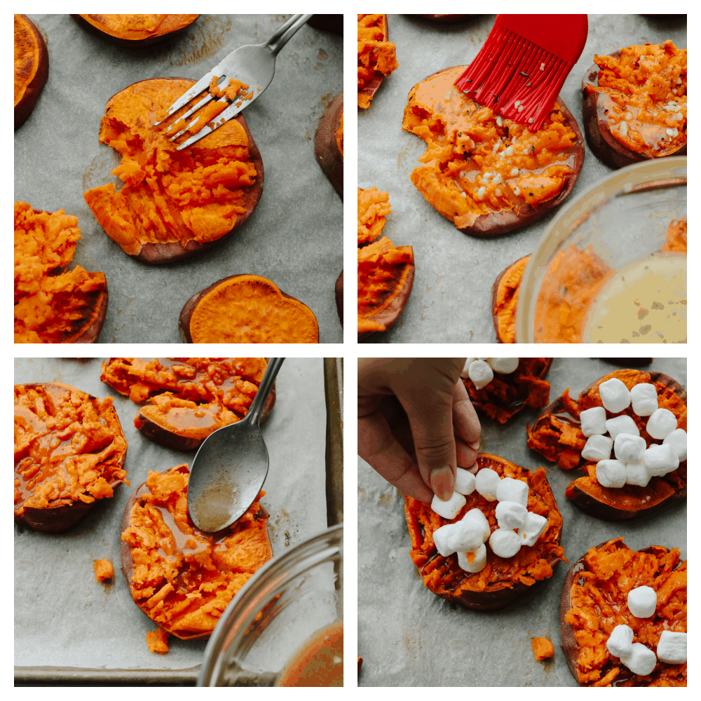 Smashed sweet potatoes are crispy on the outside and soft and smooth on the inside! They can be cooked to taste sweet OR savory and they both have a mouthwatering taste that is divine! You will love every single bite! 4 pictures showing step by step instructions on how to make smashed sweet potatoes.