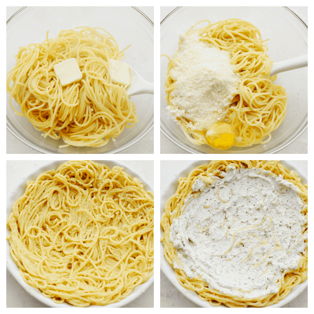 This tasty baked dish is super easy, cheesy, and flavorful! For adding a little Italian goodness to busy weeknights, spaghetti pie is the answer! Process shots of preparing crust.