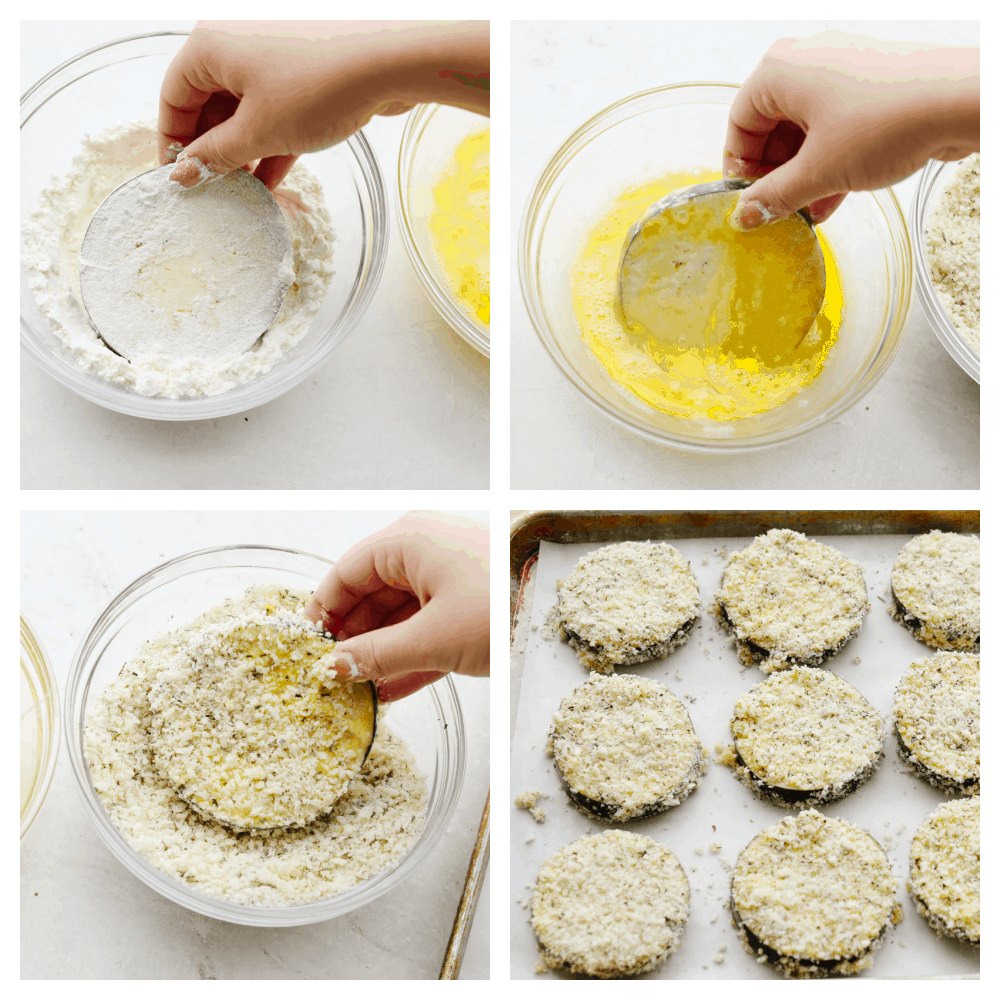 Eggplant parmesan is a tangy, crispy, cheesy masterpiece! Delicious eggplant covered in a delightful mix of herbs and spices, this recipe will knock your socks off! 4 pictures showing how to properly coat eggplant.
