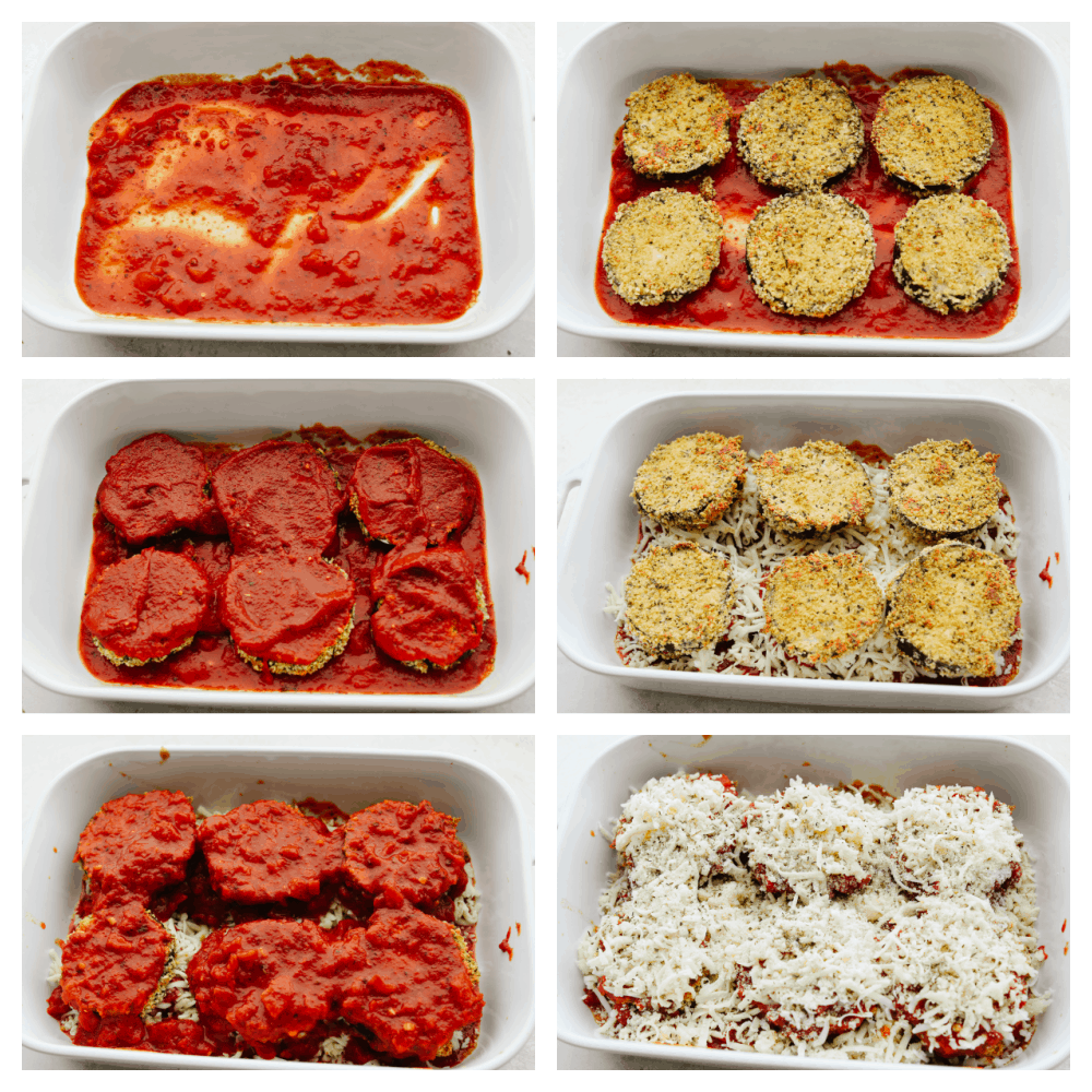 Eggplant parmesan is a tangy, crispy, cheesy masterpiece! Delicious eggplant covered in a delightful mix of herbs and spices, this recipe will knock your socks off! 6 pictures showing how to layer eggplant with sauce and cheese.