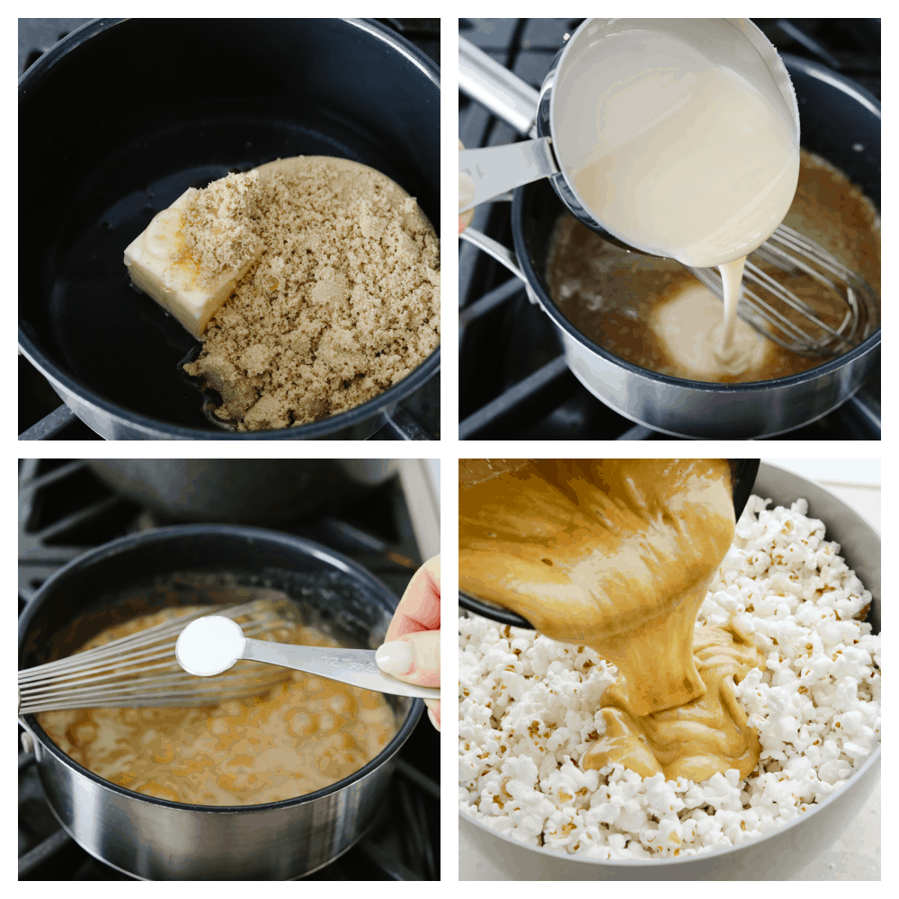 Homemade caramel popcorn is soft, sweet, and absolutely delicious! A family favorite, this homemade popcorn is something you will definitely want to add to your weekly movie nights! 4 pictures showing how to make caramel popcorn step by step.