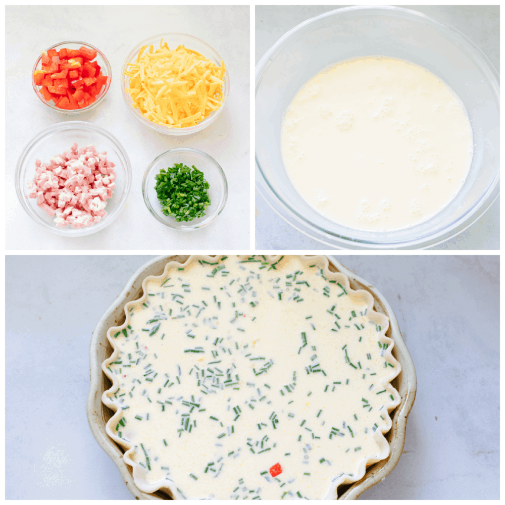 Creamy and custard-like, the best quiche starts with a basic recipe and has endless options for adding meat, vegetables, and herbs. This delicious staple recipe is perfect for breakfast, lunch, or dinner. Process shots of preparing quiche and add-ins.