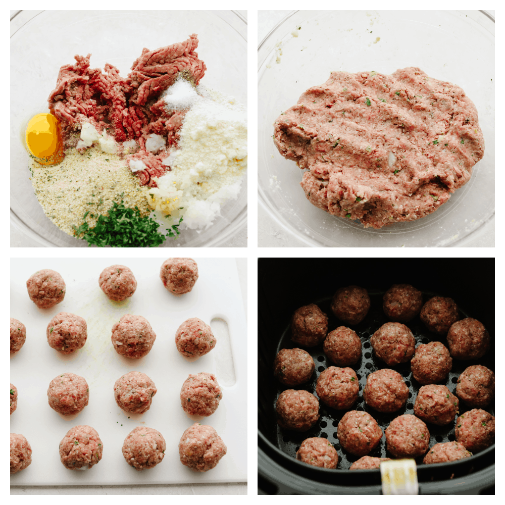 Air fryer meatballs are tender, juicy, and delicious! They are SOO good and this will be a recipe that your family will want you to make again and again! 4 pictures showing steps on how to make meatballs.