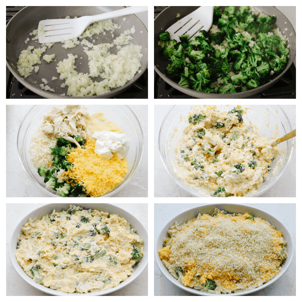 Broccoli and rice chicken casserole is a delicious, easy, family-friendly dish! It is creamy and filled with flavors that perfectly complement each other! You will love it! 6 pictures showing how to mix ingredients to make a casserole.