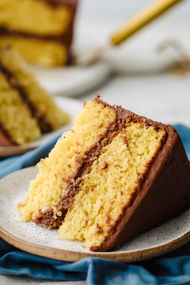 Yellow cake is a classic dish that we all know and love! Perfectly moist with a light and fluffy texture, it's a cake that we make ALL the time because everyone loves it! A slice of yellow cake with chocolate frosting.