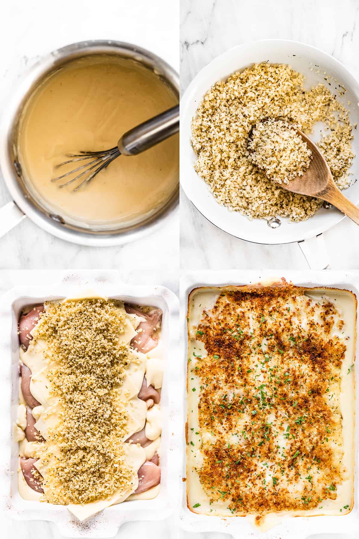 Creamy Swiss Chicken Bake is absolutely delicious. Chicken breasts are smothered in an easy-to-make Swiss cheese sauce, covered in crispy, seasoned breadcrumbs, then baked until bubbly. It's an easy chicken casserole the whole family will love! 4 pictures showing how to make this swiss chicken bake recipe.