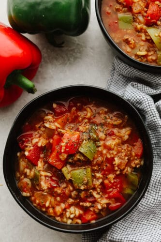 Stuffed pepper soup is delicious, hearty, and full of flavor! Filled with so many different ingredients, it's insanely good and will definitely fill your belly! A bowl of stuffed pepper soup.