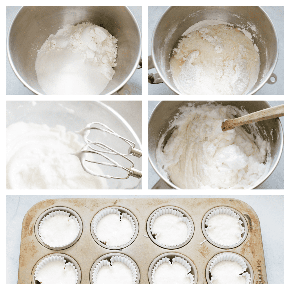 White cupcakes are light, fluffy and perfectly moist! Swirled with delicious white frosting and topped with sprinkles, these cupcakes are to die for! 5 step by step pictures showing how to make cupcake batter.