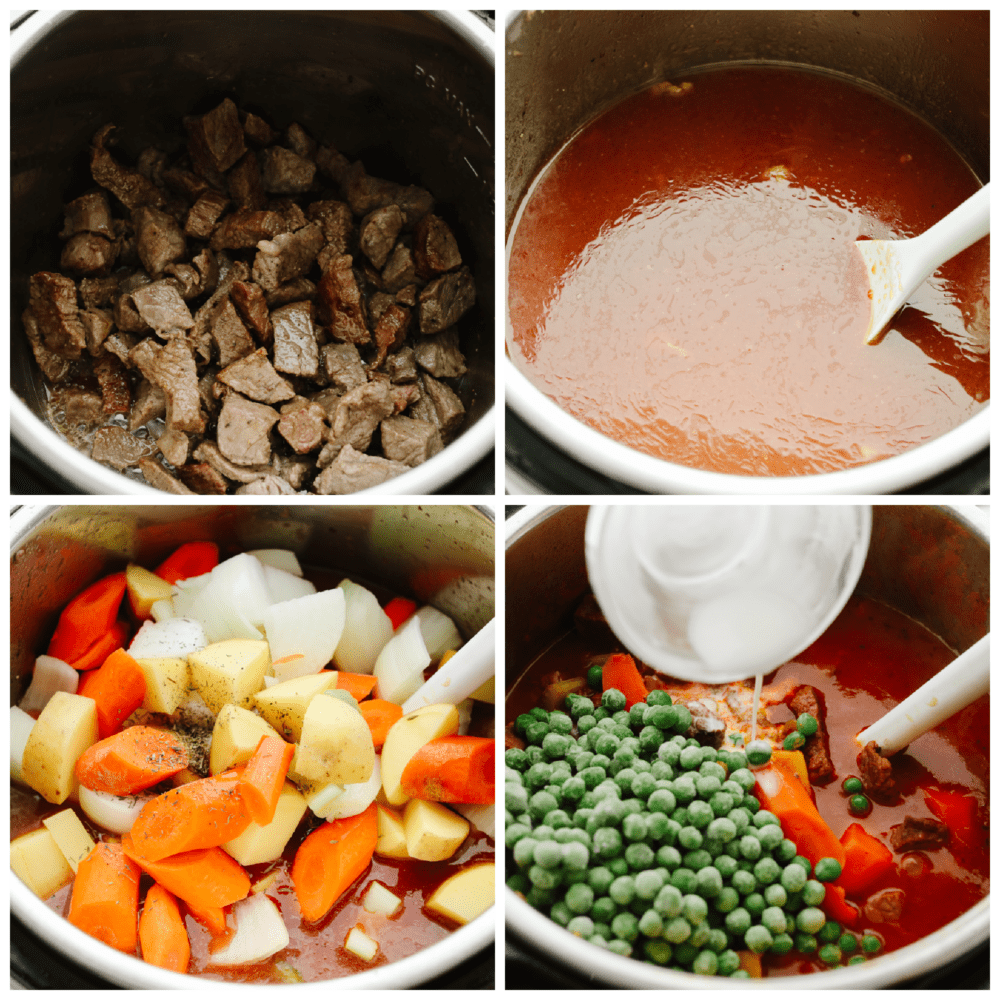 Instant Pot Beef Stew is perfect for those cool fall nights, and great when you want to whip up cozy beef stew in under an hour! Sauté the beef in the bottom of the instant pot, throw in your veggies and broth, turn it on and call it a day! 4 pictures showing step by step instructions on how to mix the ingredients for beef stew.