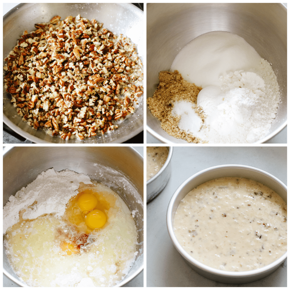 Soft, tender, and filled with nutty goodness, this butter pecan cake is perfect for fall! Browned butter cream cheese frosting and fresh chopped pecans make each bite a dream. Process shots of preparing cake batter.