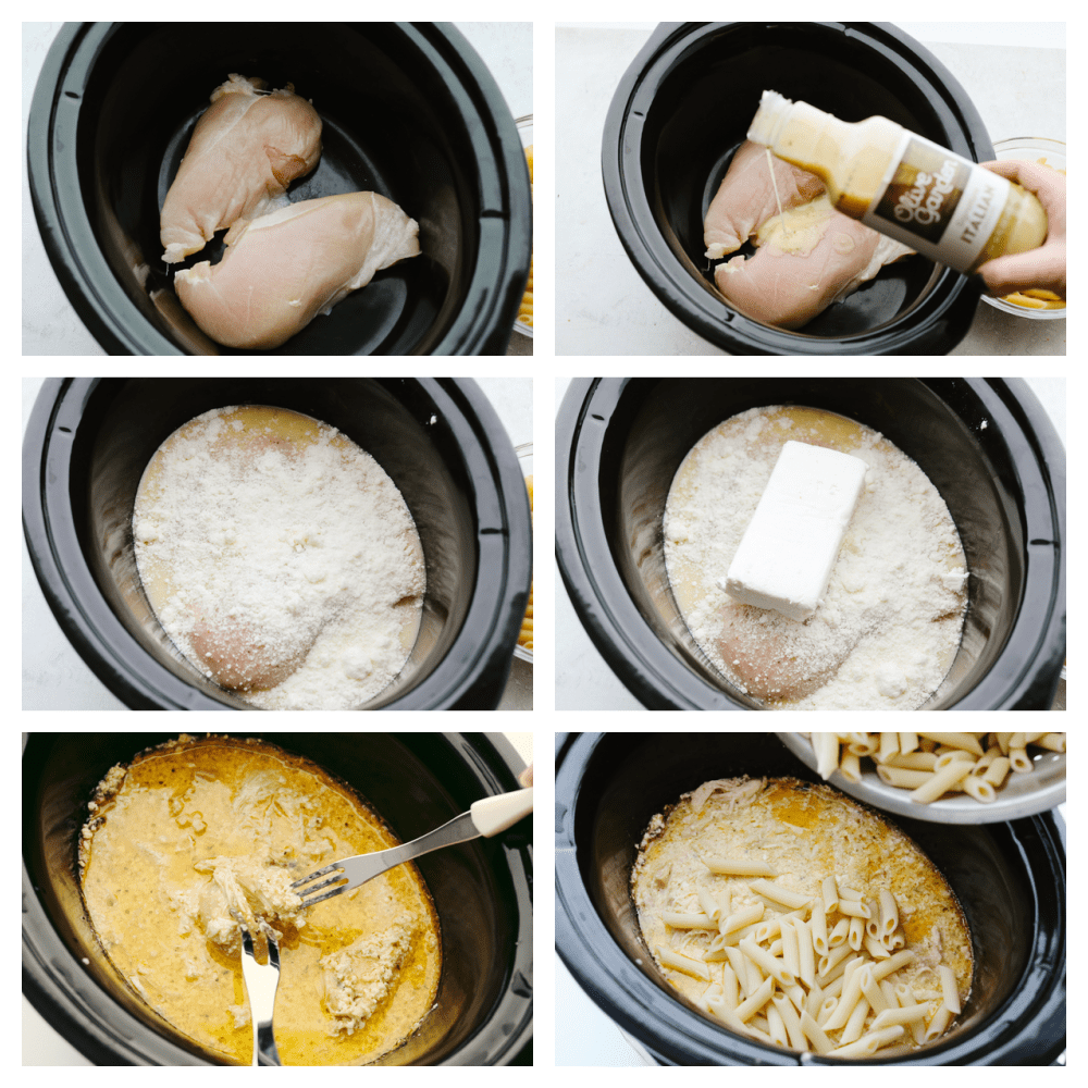 This Olive Garden crockpot chicken is to die for! The juicy and tender chicken cooked with some pasta is insanely delicious! Plus, it's super easy which is a total win-win! Chicken being placed in a crockpot and ingredients being added on top of it.