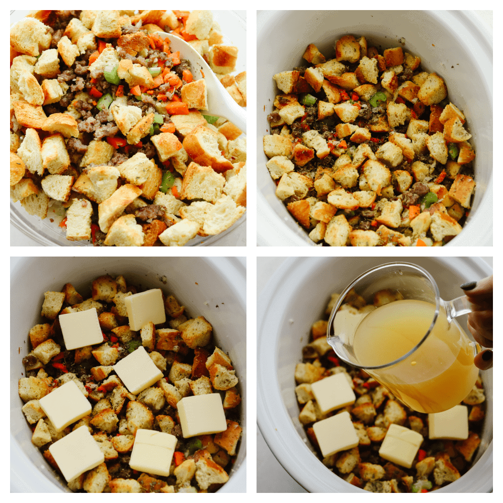 This classic sausage herb stuffing is full of an amazing mixture of flavors! The spices used in this are the star of the show and it will be a side dish that everyone goes crazy over! 4 pictures showing steps on how to make homemade sausage herb stuffing.