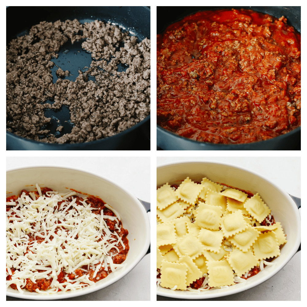 This baked ravioli is a knockout dinner that is sure to be loved by all! It's smothered in melty mozzarella, parmesan, and a tasty meat sauce! Photos cooking the ground beef, adding the sauce, then putting it in the dutch oven.