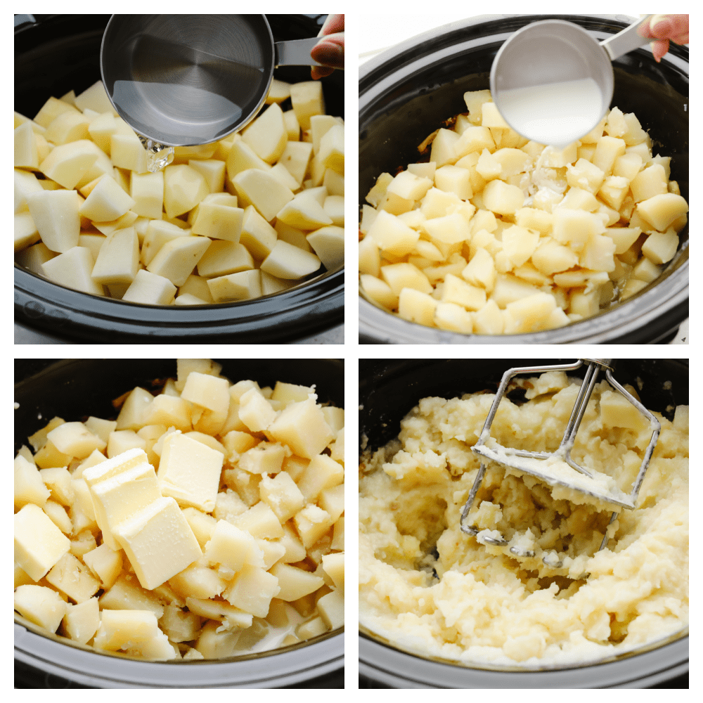 You MUST TRY these crockpot mashed potatoes! They are so creamy and delicous, plus they are super easy to make! Which makes them the perfect side for any meal. 4 pictures showing the steps to cutting up and cooking potatoes in a crockpot.