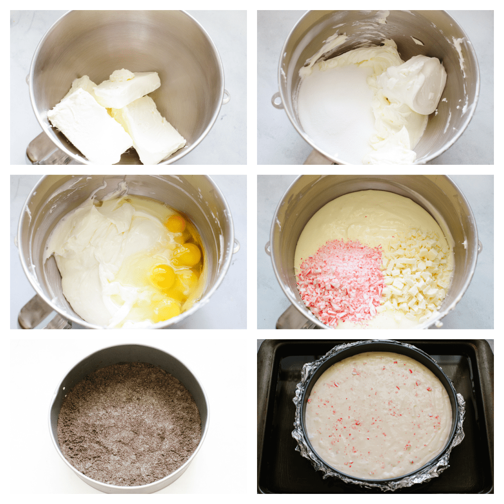 Peppermint cheesecake is creamy and delicious! It has the perfect oreo crust and is topped with crushed peppermint and whipped cream. This will definitely get a "WOW!" from all of your guests this holiday season! 6 pictures showing steps on how to mix cheesecake batter.