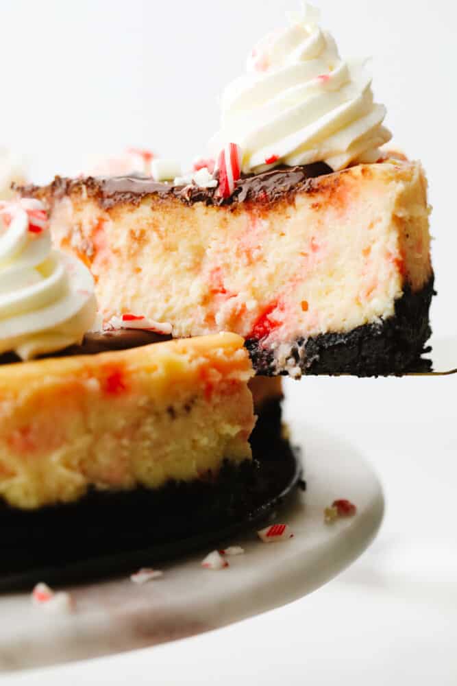 Peppermint cheesecake is creamy and delicious! It has the perfect oreo crust and is topped with crushed peppermint and whipped cream. This will definitely get a "WOW!" from all of your guests this holiday season! Side view of a slice of peppermint cheesecake.