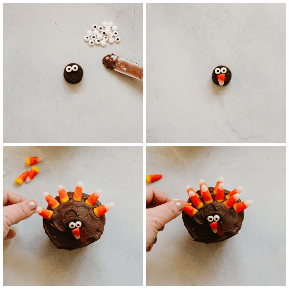 These turkey cupcakes are cute, festive, and oh so delicious! Your kids will love making these and they are perfect for the Thanksgiving season! 4 pictures showing steps on how to decorate a cupcake.