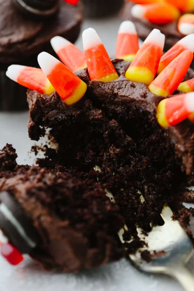 These turkey cupcakes are cute, festive, and oh so delicious! Your kids will love making these and they are perfect for the Thanksgiving season! A chocolate cupcake with a fork cutting into it.