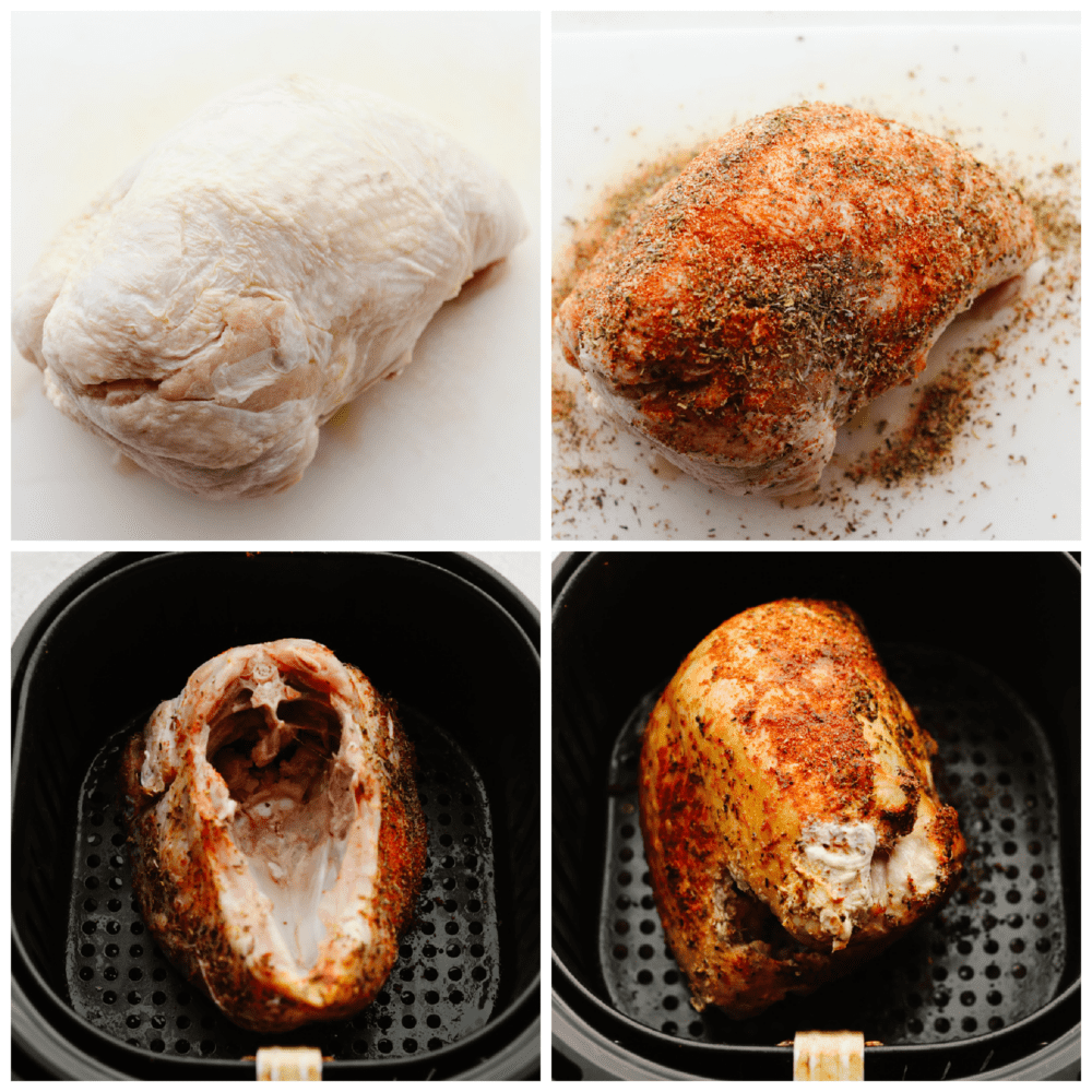 This juicy air fryer turkey is SOO GOOD and will have all of your guests asking for more! It's perfectly golden brown and dripping in flavor... You will never cook a turkey any other way again! 4 pictures showing how to put a rub on a turkey and how to flip a turkey in an air fryer.