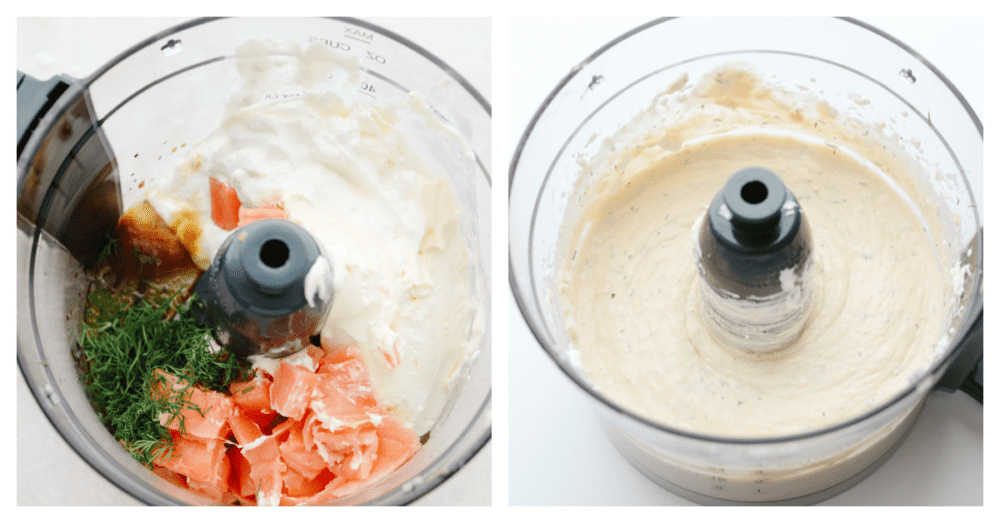 This smoked salmon dip is so creamy and delicious! With the smoked salmon flavor taking the stage followed by a hint of lemon and dill, this dip is SOO GOOD! 2 pictures showing a food processor with ingredients being put in and then mixed.
