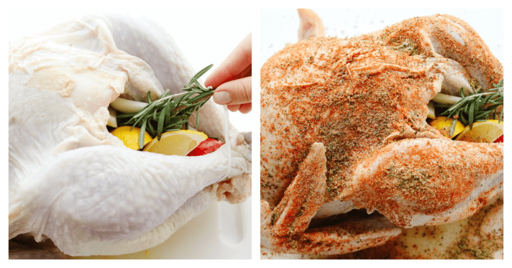 Just in time for Thanksgiving, this perfect smoked turkey is juicy and tender with a subtle smoky flavor. A simple brine and fresh herbs make each bite burst with flavor! Process shots of stuffing and seasoning turkey.
