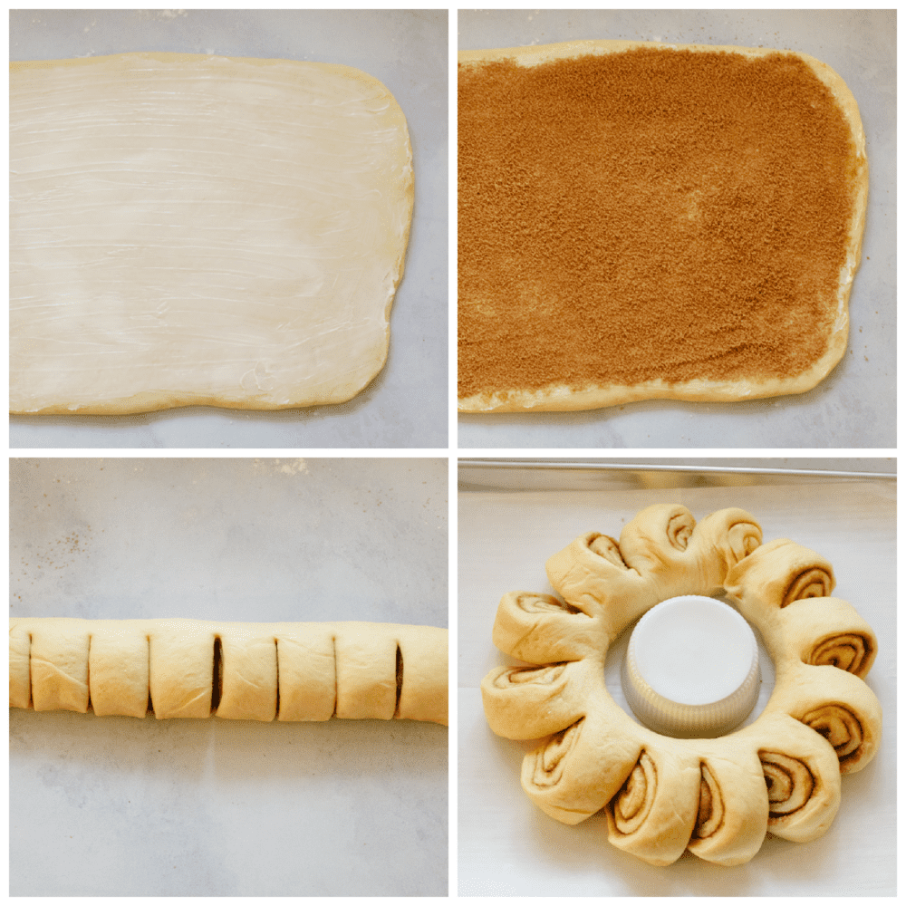 The holiday season doesn't get much more festive at the dinner table than with this cinnamon roll wreath! It's beautiful and delicious which makes it the perfect choice for your holiday breakfast, brunch, or dessert! 4 pictures showing how to flatten the dough, add the filling and roll it up and cut it.