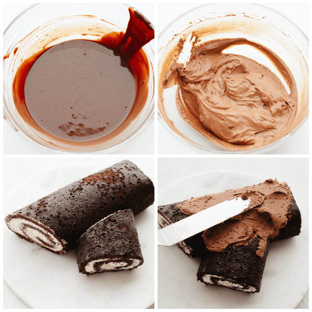 Show off your holiday spirit by baking this amazing yule log cake! A chocolate cake rolled with a cream cheese filling and topped with a chocolate ganache... It doesn't get much better than this! 4 pictures showing how to make a chocolate ganache and spread it onto a cake.