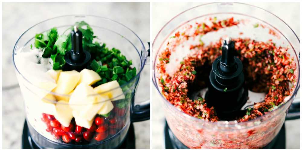 Cranberry Salsa is a mixture of fresh cranberries, sweet apples, green onion, cilantro and a bit of spice from a jalapeño all blended together in a sweet apple cider vinegar then laid overtop of cream cheese. This makes for the best holiday appetizer! Cranberry salsa ingredients blended together.