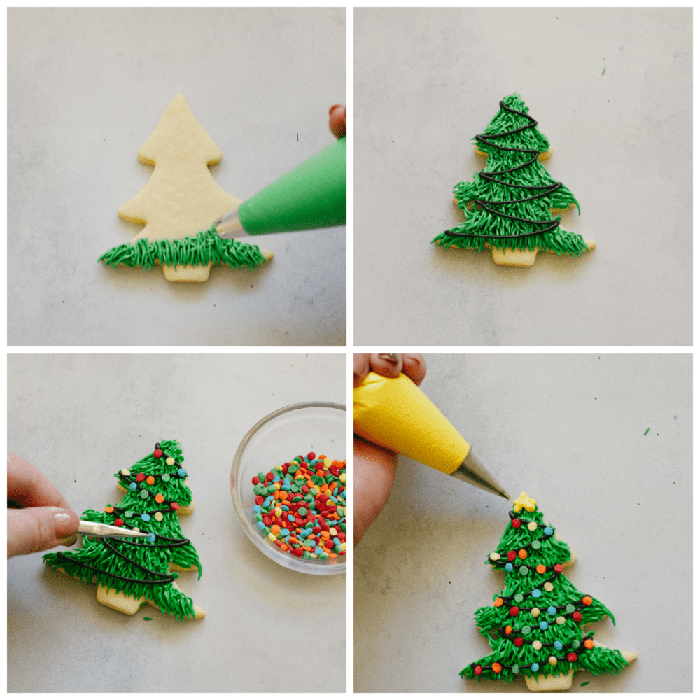 If you're wanting a dessert that is both festive and delicious, look no further! These Christmas tree sugar cookies will shine at any holiday party! Frosting cookie with Christmas lights design.
