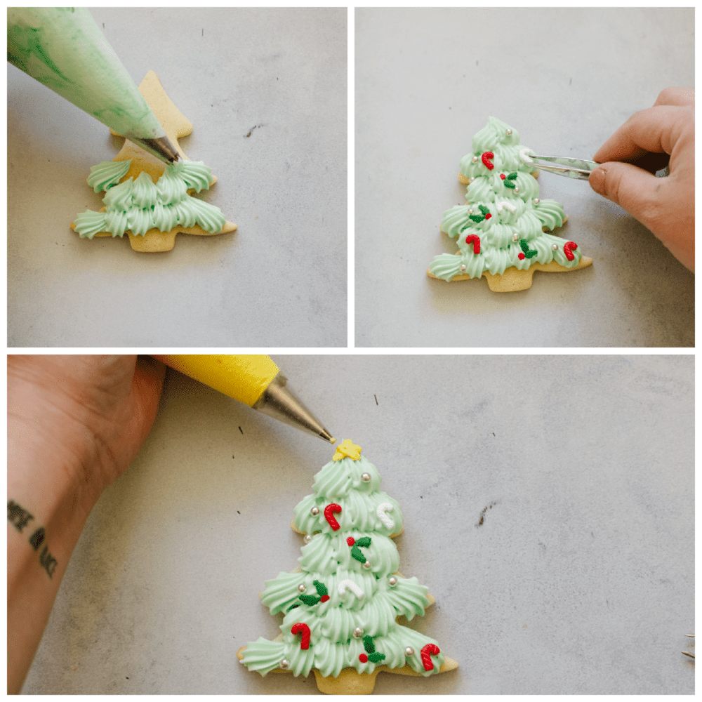 If you're wanting a dessert that is both festive and delicious, look no further! These Christmas tree sugar cookies will shine at any holiday party! Frosting a Christmas tree cookie and adding candy cane detailing.
