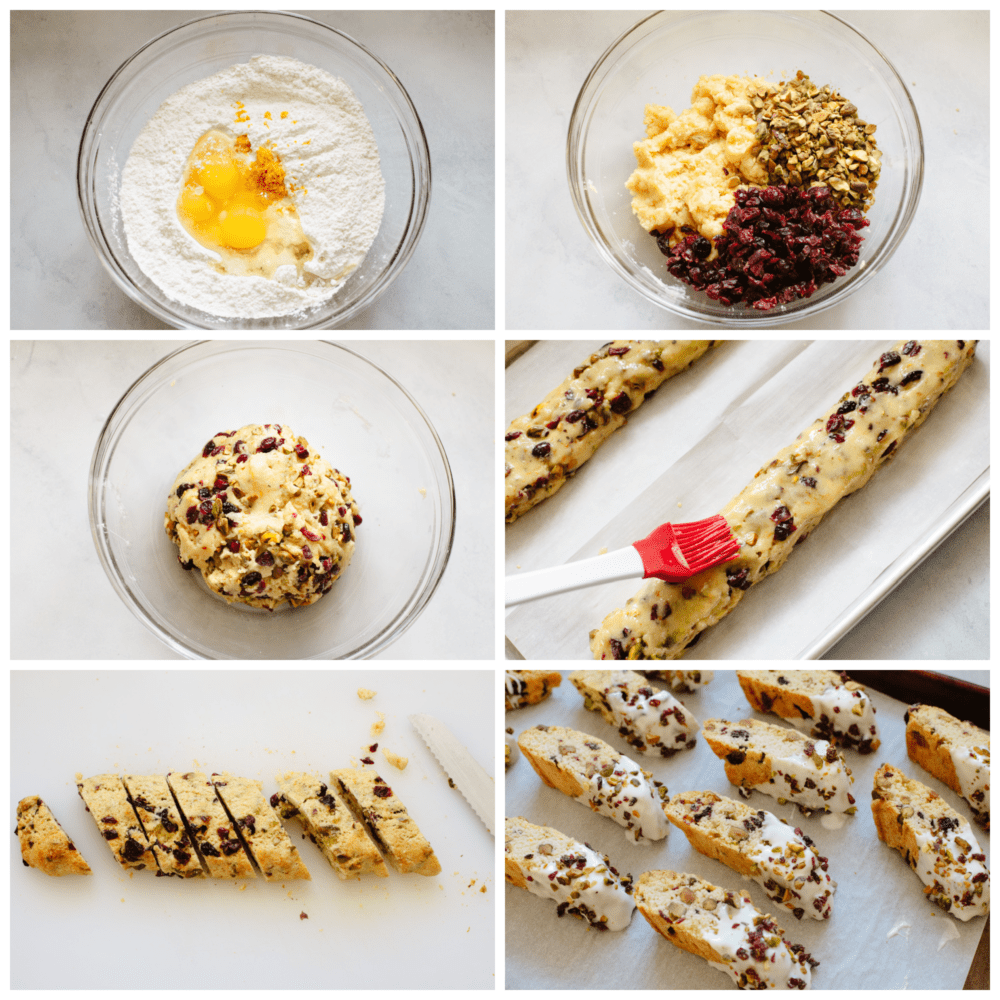 Cranberry pistachio biscotti are the tangy, nutty biscuits of your dreams! Topped off with a delicate white chocolate drizzle, these delicious treats will shine at all of your holiday get-togethers! Process shots of preparing biscotti dough and baking.