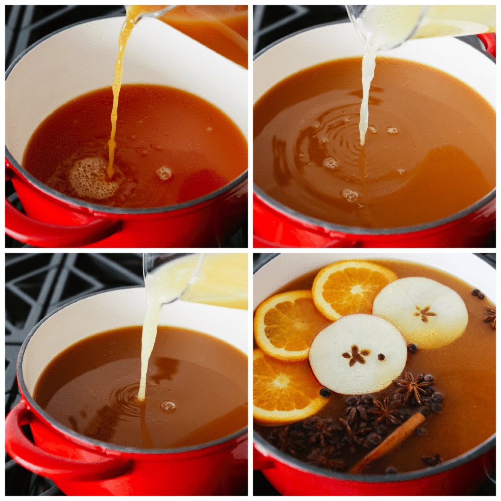 This traditional English drink is the perfect combination of fruit and spice! Wassail mixes up in a snap and is the perfect holiday crowd-pleaser! Process shots of preparing drink.