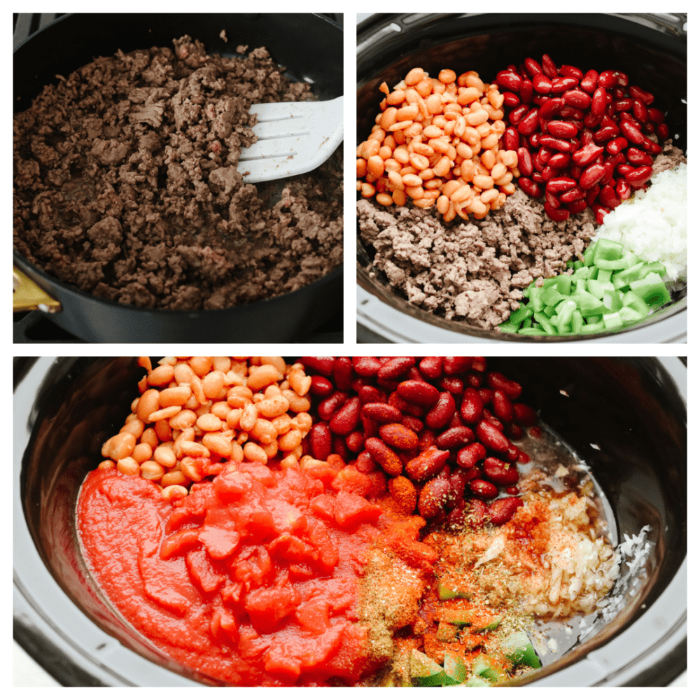 Crockpot chili is the ultimate comfort food! This chili is SO easy and insanely good that everyone will come back for seconds! 3 pictures showing ingredients being added to a slow cooker.