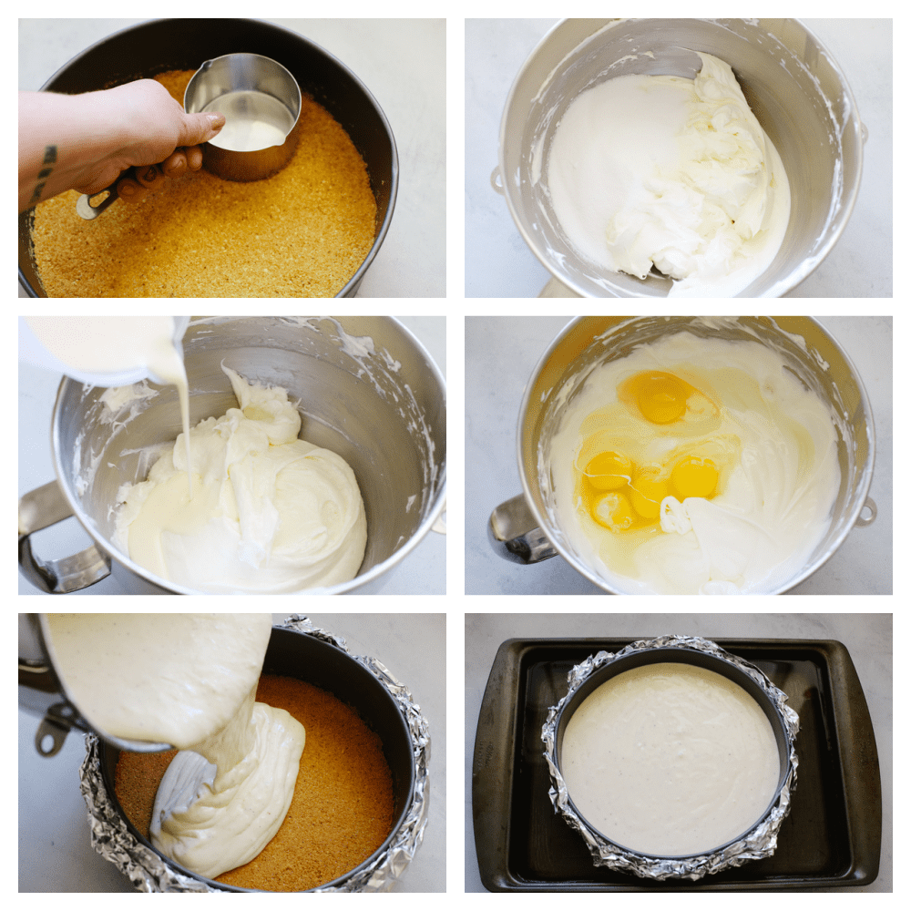 This eggnog cheesecake is SOO GOOD. It's creamy and melts in your mouth! That classic eggnog taste makes it the best dessert for the holiday season! 6 steps showing how to mix cheesecake batter and add it to a pan in a water bath.