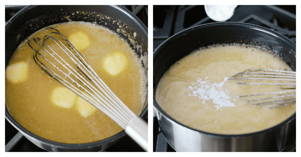 This homemade caramel syrup is the best that you will ever taste! Not only does it have the perfect texture but it is made for drizzling on any and all of your favorite breakfast foods! 2 pictures showing how to whisk together ingredients in a pot.