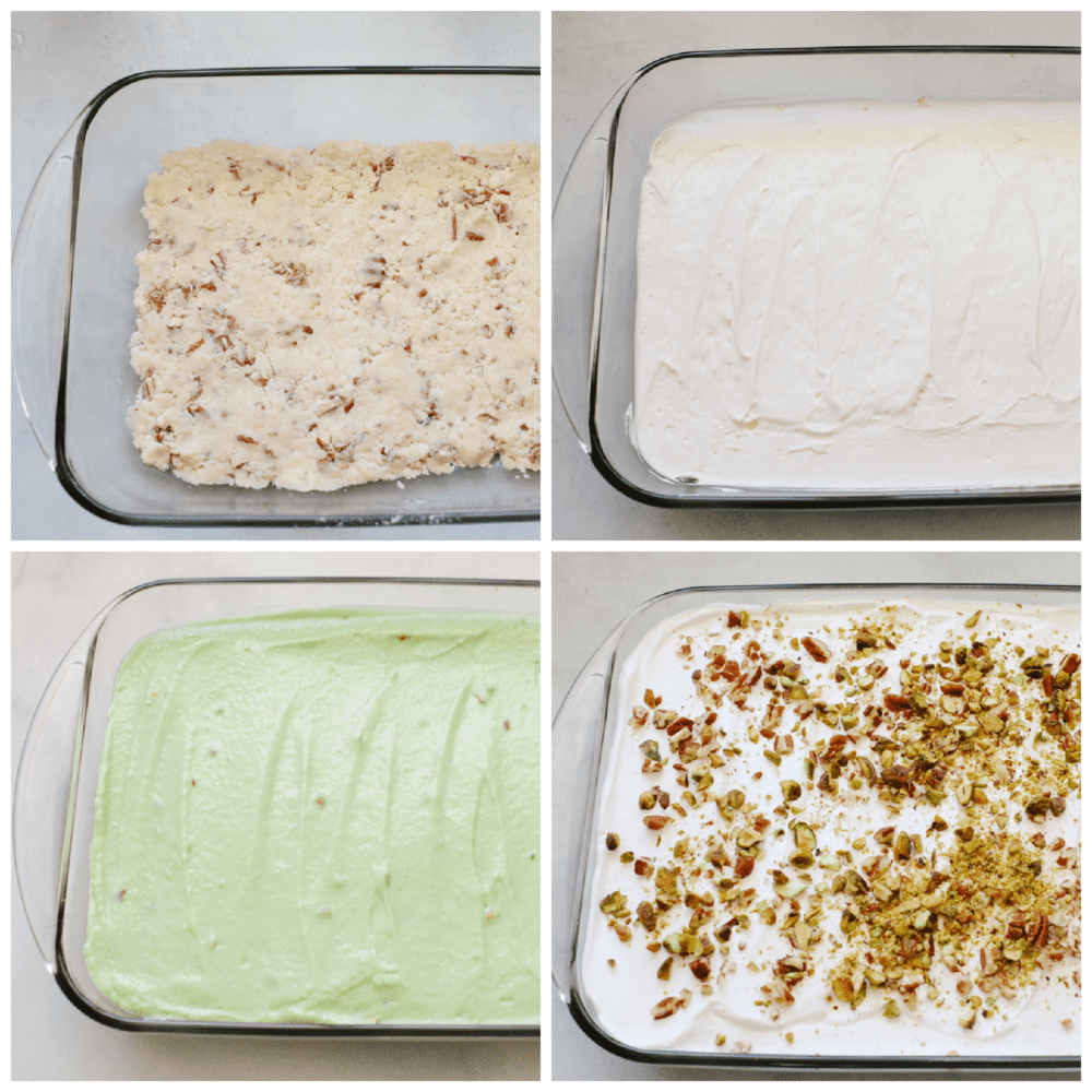 This layered pistachio dessert is insanely delicious! It has the perfect crust that is then topped with layers of creamy cheesecake and pistachio pudding! 4 pictures showing how to make a crust layer, a cheesecake layer, a pudding layer and top it all with whipped cream and nuts.