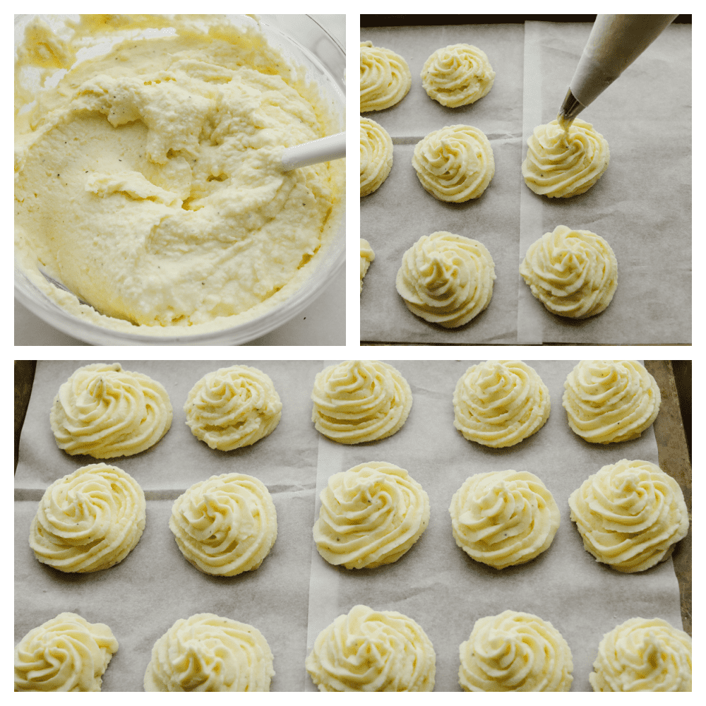 Duchess potatoes are everything you love about mashed potatoes piped into bite-sized pieces! Baked to a golden-brown, this side is absolutely delicious and looks amazing on a dinner plate! 4 photos with mashed potatoes in the process of being piped into circles.