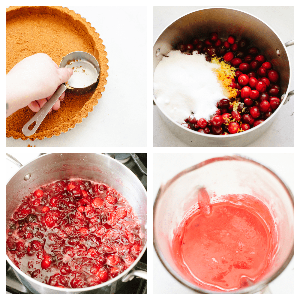 With a smooth tangy filling and Biscoff crust, this cranberry curd tart is a must-make for the holidays. It's as delicious as it is beautiful! Process shots of preparing crust and cranberry filling.