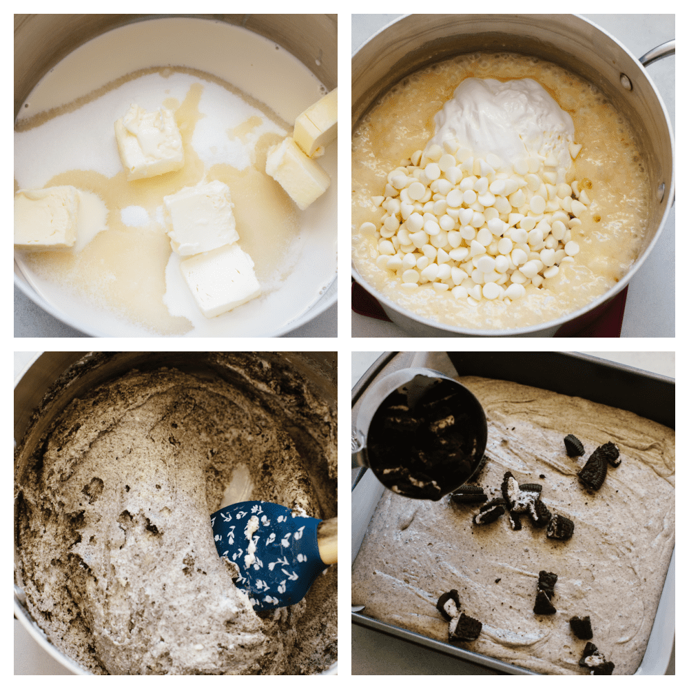 Fudge is a classic holiday treat and these cookies and cream flavor really takes it to the next level. Creamy, Oreo fudge just cannot be beat! 4 pictures showing steps on how to make fudge and add in oreos.