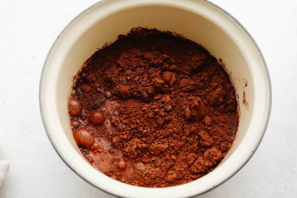 This homemade chocolate sauce has the perfect chocolate flavor and the smooth texture is to die for. It goes on just about anything and is so simple to make! A bowl of cocoa powder being mixed with milk.