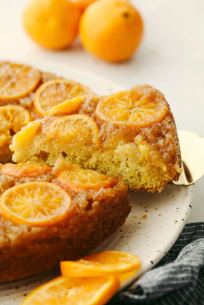 Soft and moist with a sweet juicy flavor, this is one citrus dessert you won't want to miss! Clementine cake is a must-try for the holidays! Taking a piece of clementine cake with a gold cake spatula.