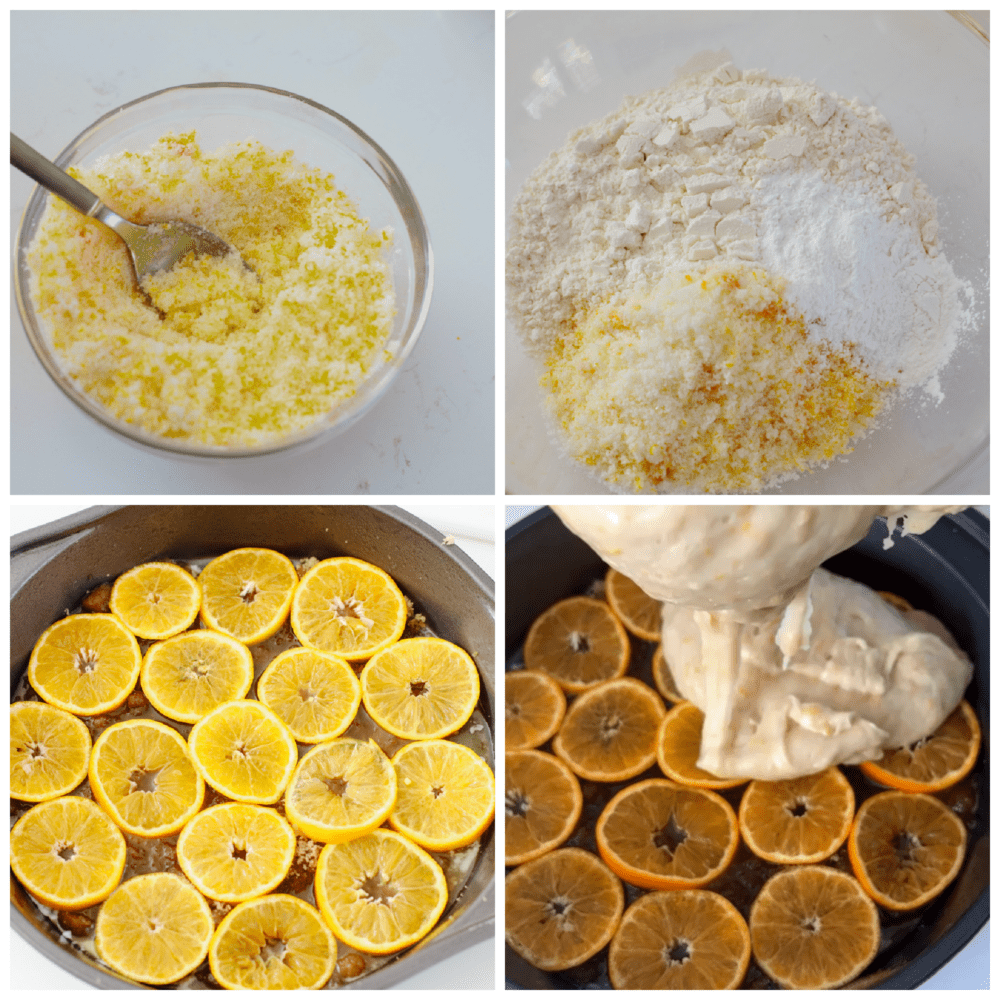 Soft and moist with a sweet juicy flavor, this is one citrus dessert you won't want to miss! Clementine cake is a must-try for the holidays! 4 pictures of preparing cake batter and adding to pan over clementine slices.