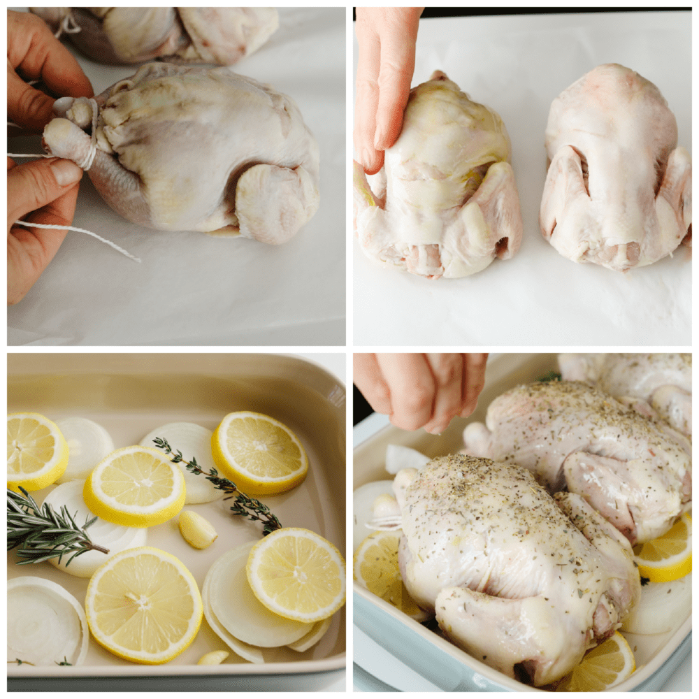 Fancy and baked to crispy perfection these cornish hens will be the star of the show. Not only are they insanely delicious but they are so simple to make! 4 pictures showing how to tie, rub and prepare a cornish hen.