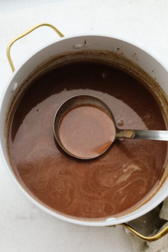 This easy homemade hot chocolate is the perfect treat to end your year with! It's so rich and creamy, you won't want it any other way! Hot chocolate in a large pot being scooped up with a ladle.