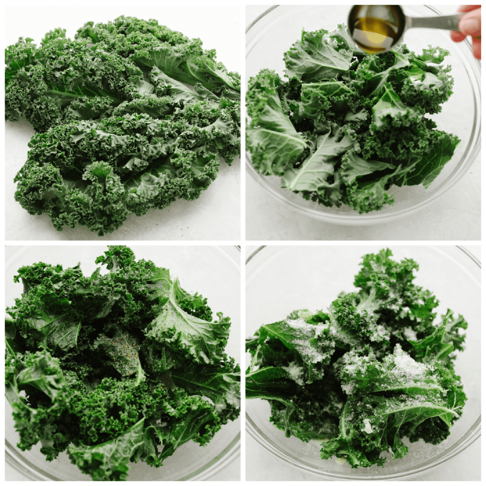 Crispy and seasoned perfectly with parmesan cheese, these kale chips that you cook in the air fryer are the BEST snack. They are quick and easy to make and I bet that you can't stop at just one! 4 pictures showing how to season kale with oil, salt and pepper and parmesan.