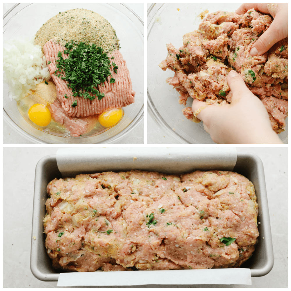 This tasty turkey meatloaf is light and lean but filled with so much flavor! Each bite is perfectly seasoned and tender, you'll love it! Process shots of preparing meatloaf mixture and adding to pan.