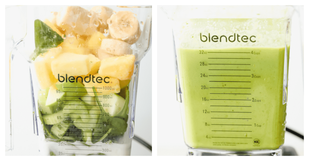 This delicious detox smoothie has it all! Fruits, vegetables, and delicious milk and honey to sweeten it up and keep it smooth. Trust me when I say this is a MUST TRY smoothie recipe! 2 pictures showing ingredients added to a blender and then the ingredients all blended up.