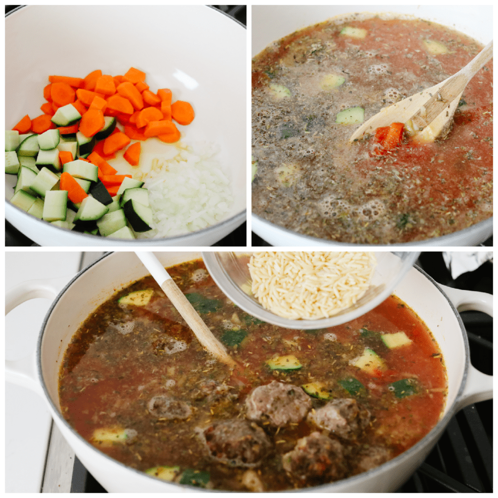 This meatball soup is hearty and full of amazing flavor. This only takes about 30 minutes to cook up and can be made with homemade or frozen meatballs! It's a MUST TRY recipe for sure! 3 pictures showing how to add ingredients to meatball soup.