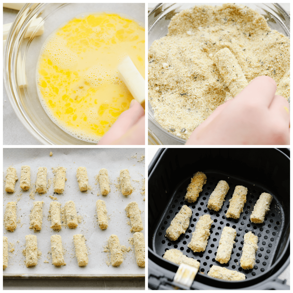 Crispy, cheesy, and delicious, these easy air fryer mozzarella sticks are going to be your new favorite snack! They're super simple to prepare and cook up in less than 10 minutes! Process shots of dipping cheese sticks in egg batter and bread crumbs, then placing in air fryer basket.